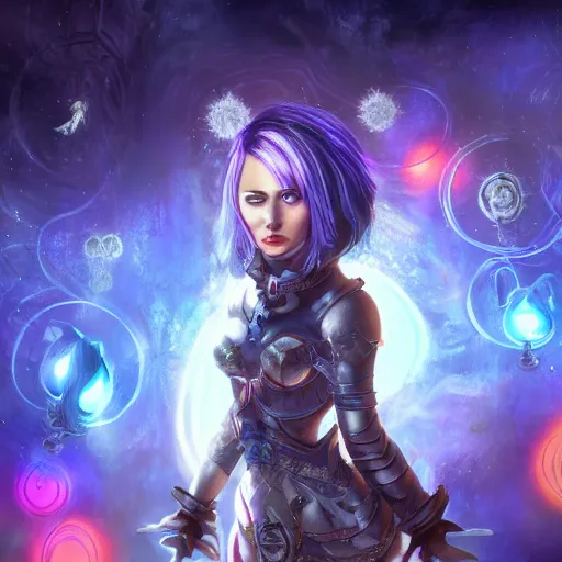 Image similar to Path of Exile, Maven, female image with silver purple hair among colourful lights, dark blue spheres fly around, Anachronism, painting, dark fantasy, steampunk, 4k,