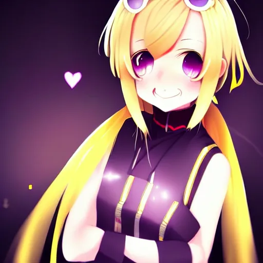 Image similar to the portrait of a kagamine rin, she smiles sweetly, her hair and eyes shines from the spotlights, digital art, anime, trending on pixiv