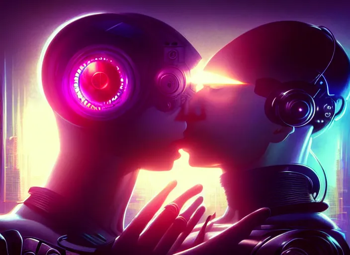 Prompt: cyberpunk, sci - fi, fantasyultra realistic medium shot of a couple of cyborgs kissing, lovers, kodak, colour led, soft light, volumetric lighting, night, intricate, highly detailed, digital painting, concept art, smooth, sharp focus, illustration, art by artgerm and greg rutkowski and alphonse mucha