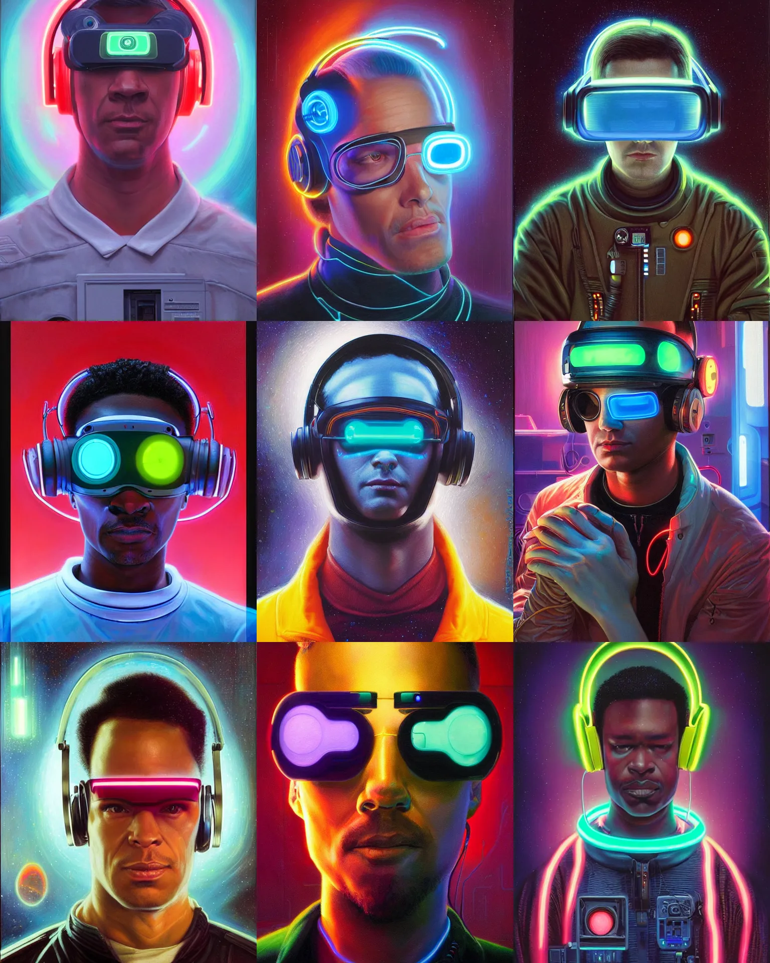 Prompt: neon cyberpunk programmer with glowing geordi cyclops visor over eyes and sleek headphones headshot desaturated portrait painting by donato giancola, dean cornwall, rhads, tom whalen, alex grey astronaut fashion photography