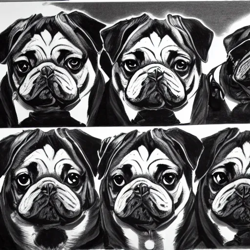 Image similar to self portrait showing family of pugs by yoji shinkawa, extra details, colored, 4 k, dynamic lighting