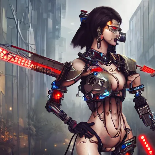 Prompt: A cyborg Valkyrie combined with a Geisha, in a cyberpunk city, concept art, art station, Award winning, unreal engine, 4K