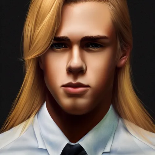 Image similar to a young blond man with long hair wearing a brown shirt, clean shaved, a character portrait by lydia field emmet, trending on cg society, photorealism, wiccan, handsome, ilya kuvshinov