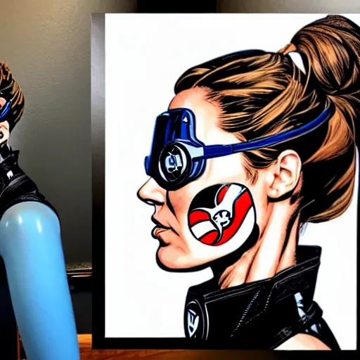 Image similar to a profile photo of a spy woman side profile with a diving oxygen mask with side profile blood in ocean intricate details by MARVEL comics and Sandra Chevrier-C