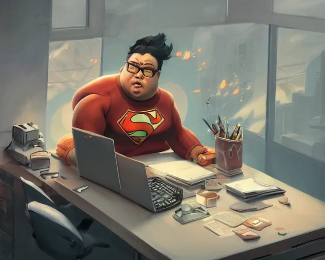 Image similar to an insanely detailed painting of a slightly chubby, nerdy asian man wearing a superhero costume, sitting at a desk, staring at the nervously at the computer and typing, in the style of peter mohrbacher, dramatic lighting and composition, octane render, pixar, trending on artstation, concept art, comic book, view from behind