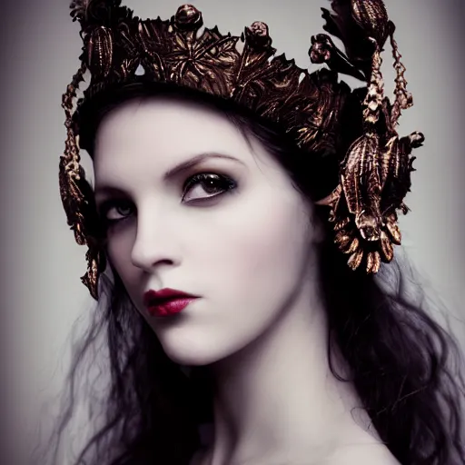 Image similar to a portrait of female model by anka zhuravleva and peter kemp, dark fantasy, ornate headpiece, dark beauty, photorealistic, canon r 3,