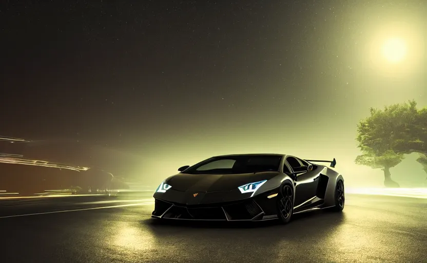 Prompt: a black Lamborghini in the mountain road at night whit cyan headlights on, by Khyzyl Saleem, night time, atmospheric, artstaion, concept art, illustration, sharp focus, high detail, octane render, cyberpunk, intimidating