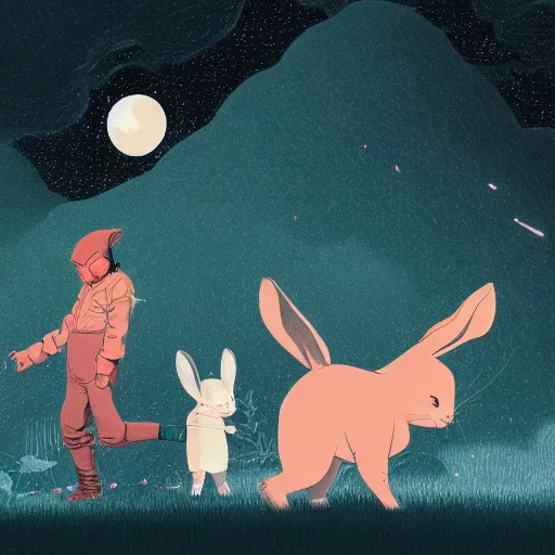 Image similar to A rabbit full of hope, looking for a black hole in an infinite time loop by Victo Ngai and Ghibli andlisk feng and atey ghailan