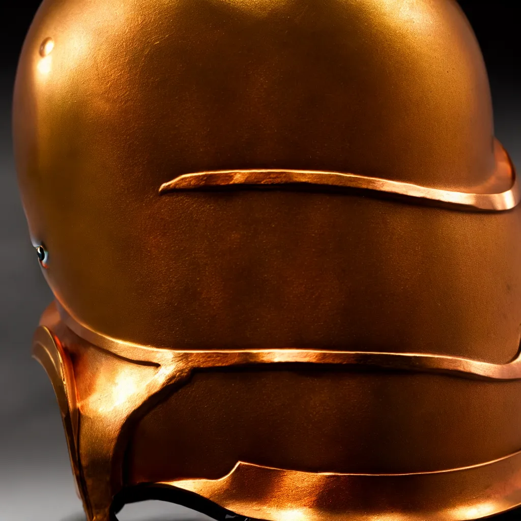 Image similar to a photo of a duel knight's helmet that is made of copper and gold, beautiful ornated details