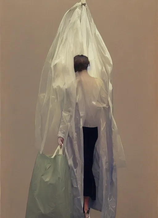 Image similar to beautiful woman in a translucent bomber jacket made from plastic bag with paper bags for clothes standing inside paper bags with paper bag over the head at store display Edward Hopper and James Gilleard, Zdzislaw Beksinski, highly detailed
