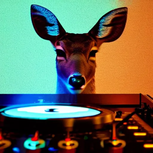 Image similar to “a deer dj behind the turntables octane render hyperrealism, dynamic lighting 8k”