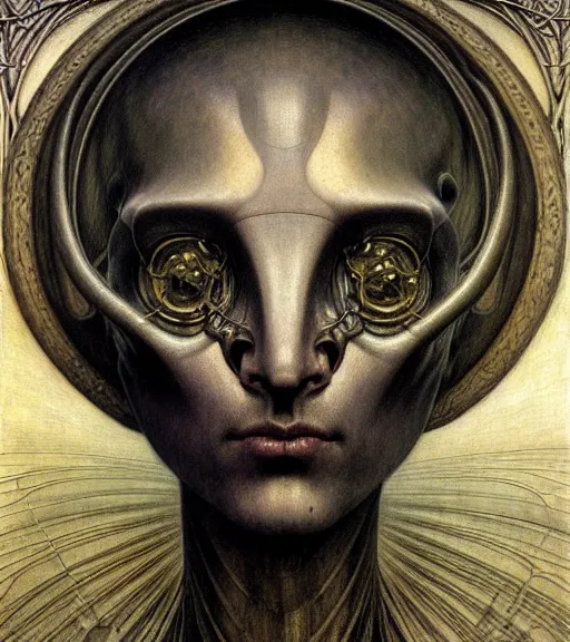 Prompt: detailed realistic beautiful young medieval alien robot grimez face portrait by jean delville, gustave dore and marco mazzoni, art nouveau, symbolist, visionary, gothic, pre - raphaelite. horizontal symmetry by zdzisław beksinski, iris van herpen, raymond swanland and alphonse mucha. highly detailed, hyper - real, beautiful