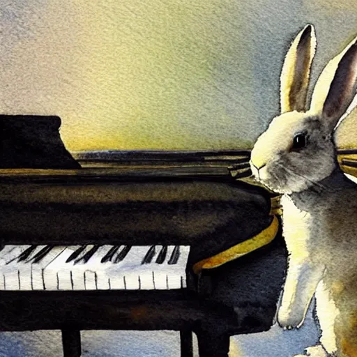 Image similar to a rabbit playing on a white grand piano inside a concert hall, realistic watercolour