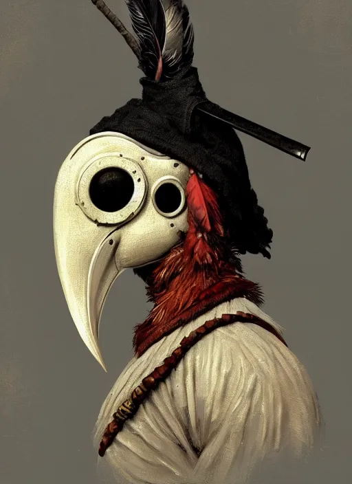 Prompt: rpg! profile!! portrait of humanoid bird on white background, beak, feathers, plague doctor, vintage doll, intricate, highly detailed, digital painting, artstation, concept art, smooth, sharp focus, illustration, art by norman rockwell emiliano ponzi andrey remnev yoann lossel aaron jasinski, 8 k