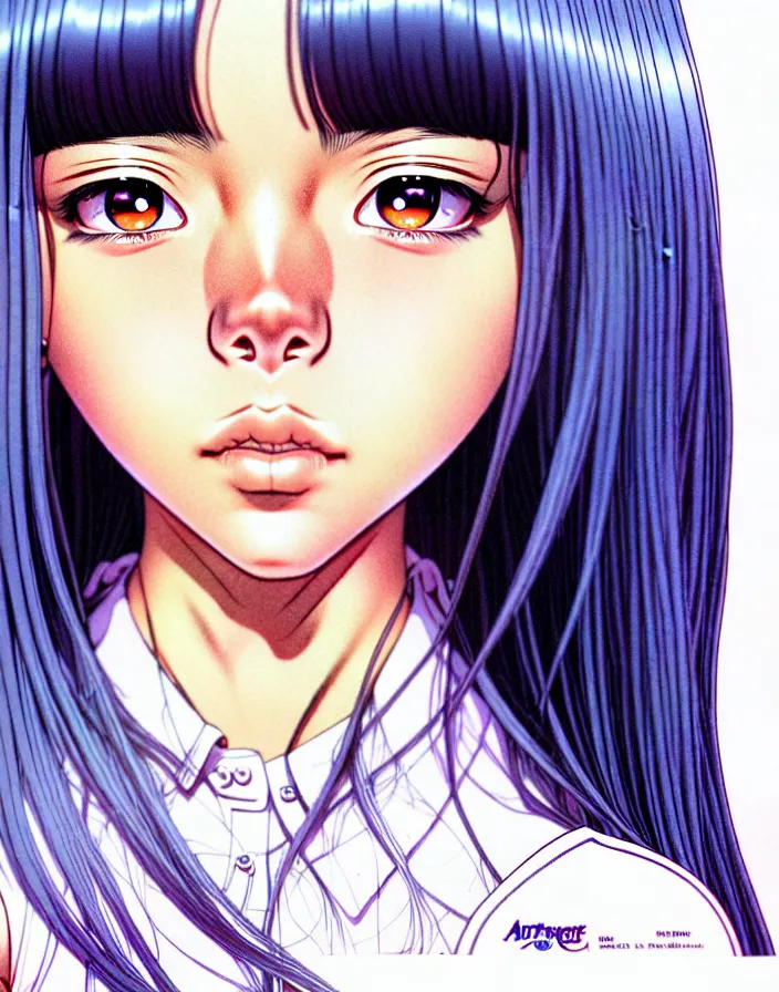 Image similar to extremely detailed color ink pen  illustration depicting an extreme close up face of a dainty young truant female stoner prep highschool school student with medium length silky straight iridescent black hair and lightly suntanned skin, illustrated by Artgerm and Range Murata.