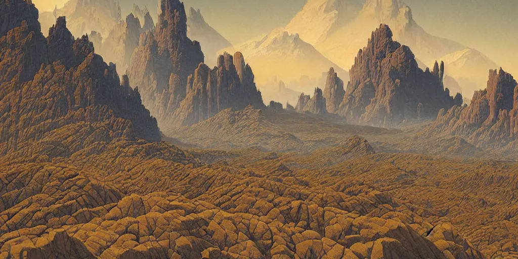 Prompt: beautiful rendered in zbrush ancient painting of a beatiful scenic mountain range surrounded by holographic Myrtle squares, by Jean Giraud and Zdzisław Beksiński and Chesley Bonestell and James Gurney