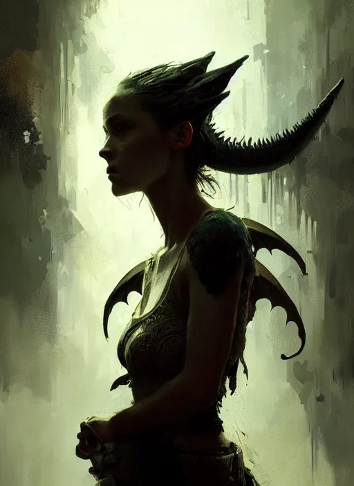 Prompt: female dragon girl, beautiful face, rule of thirds, intricate outfit, spotlight, by greg rutkowski, by jeremy mann, digital painting