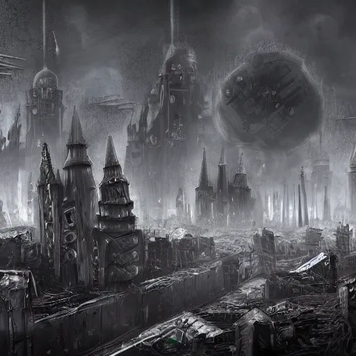 Image similar to Digital art, trending on Artstation, imperial russian warhammer 40k citadel black domes and tall radio spires, Dark and rainy mega city with towering walls built to block the migrants of the coming climate change migrant crisis showing piles of hundred bodies outside to maintain a quality of life for those who can survive the severe and deadly weather patterns observing small children targeted by advanced military style drones, dystopian, pbr render, concept art illustration, tilt shift background, wide depth of field, 8k, 35mm film grain