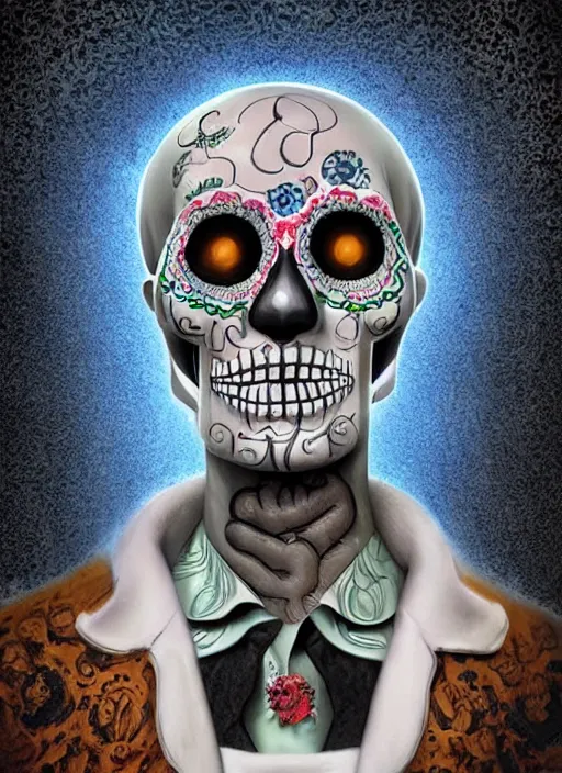 Image similar to dia de los muertos hombre theme surrealist art in the styles of igor morski, jim warren, and a tim burton film, intricate, hyperrealistic, accurate facial details, profile picture with chromakey!!!!! background, volumetric lighting