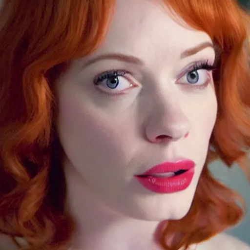 Image similar to amazing beautiful Christina Hendricks with puffy lips in the living room, film still from the movie directed by Denis Villeneuve , wide lens