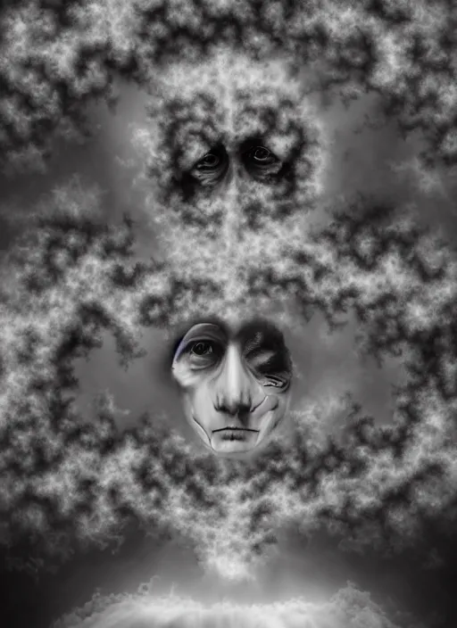 Image similar to dramatic matte portrait painting of man with black mandelbrot fractal instead of face, horror, body horror, dark art, 4 k, detailed, realistic, psychotic, insane, crazy, mental illness, dramatic,