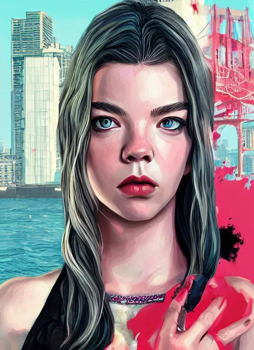 Prompt: anya taylor - joy in the style of gta cover art, by stephen bliss, trending on artstation, pixiv, 8 k