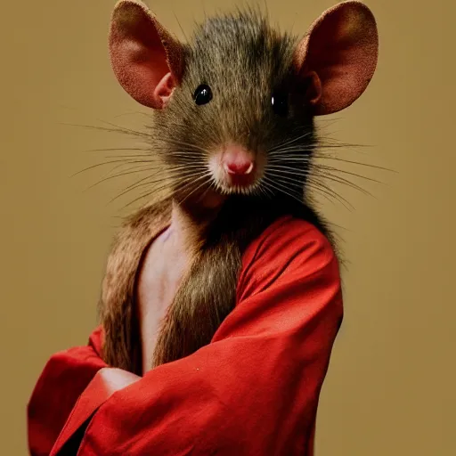 Image similar to a portrait of a human-rat hybrid with brown fur wearing a red kimono, hyper realistic, photography, film still