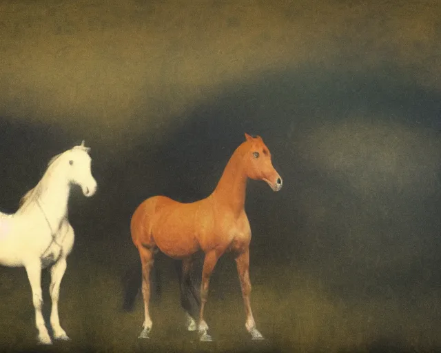 Prompt: a blurry photo of two horses in a field, a cave painting by Richter, deviantart, figurative art, multiple exposure, calotype, genderless