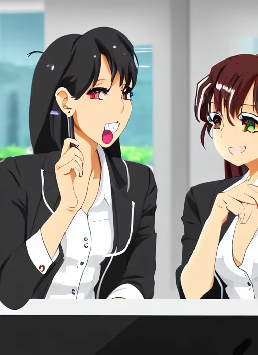 Image similar to two beautiful office ladies talking at work, gorgeous faces, thick lines, cinematic lighting, detailed anime art