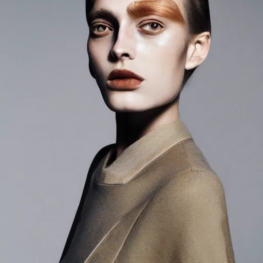 Image similar to a muted colors natural make-up portrait photograph, editorial story, Vouge Italy, editorial photographer by Peter Gehrke and Benjamin Vnuk