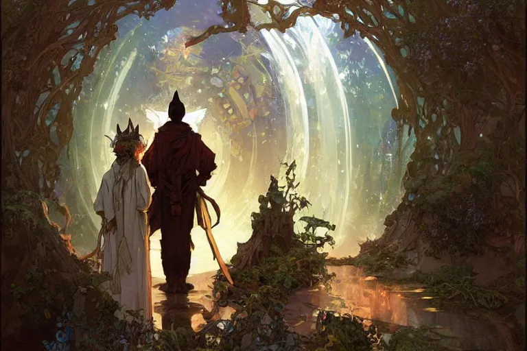 Prompt: an anthropomorphic fox wizard and his apprentice, wearing long flowing robes, in front of a magical gateway to another universe, illustration by greg rutkowski, thomas kindkade, alphonse mucha, loish, norman rockwell, artstation, furaffinity