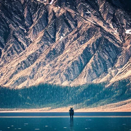 Prompt: an astronaut standing in the water of Lake Baikal and looking at the mountains