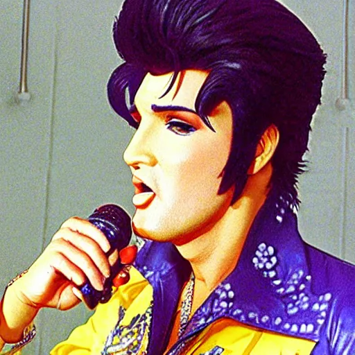 Prompt: ”flamboyant Elvis Presley. Anime. Studio Ghibli.”