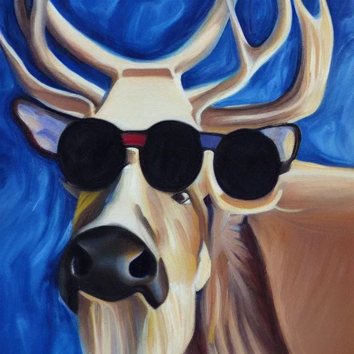 Image similar to white moose wearing shades, oil painting