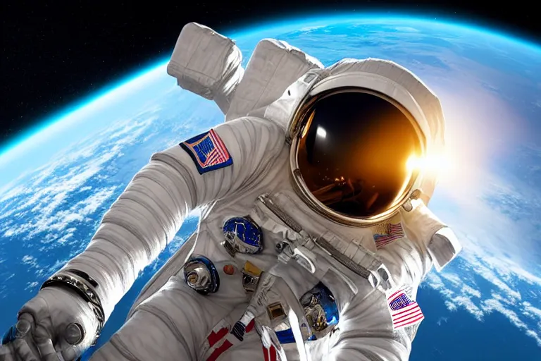 Image similar to astronaut in space wearing a spacesuit floating, highly detailed, photorealistic portrait, bright studio setting, studio lighting, crisp quality and light reflections, unreal engine 5 quality render