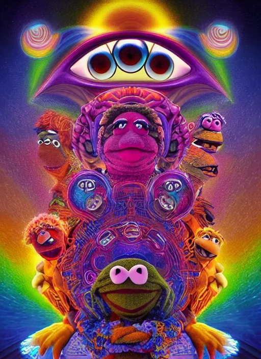 Image similar to muppet transcendence into collaborative intelligence, group intelligence, ai, by alex grey, album cover, award winning, beautiful, colorful, volumetric lighting, trending on artstation