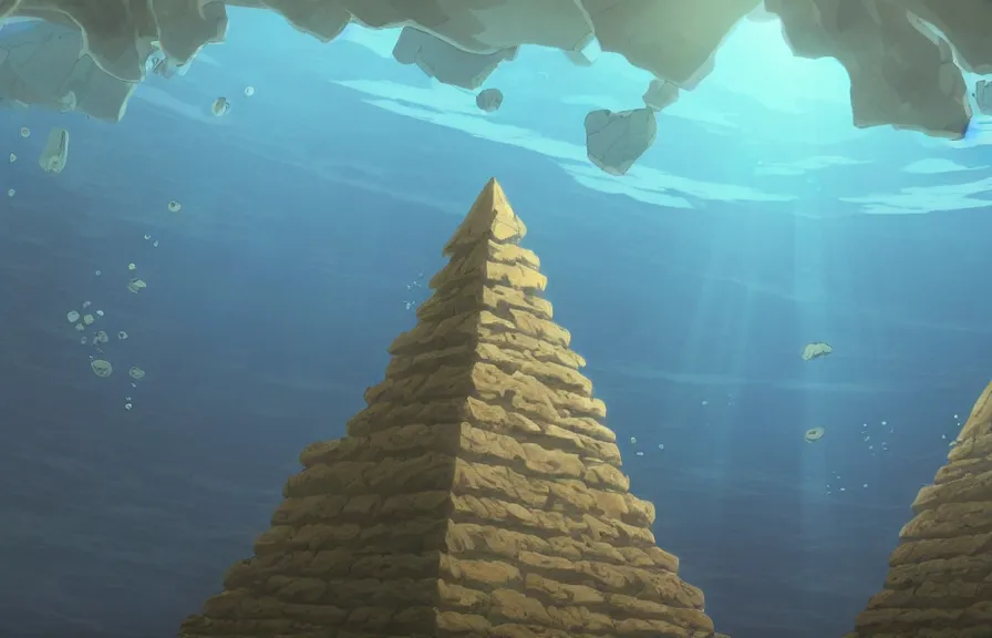 Image similar to a cell - shaded cartoon from howl's moving castle ( 2 0 0 4 ) showing several pyramids underwater at the bottom of the sea. shafts of sunlight come from above. wide shot, very dull muted colors, hd, 4 k, hq