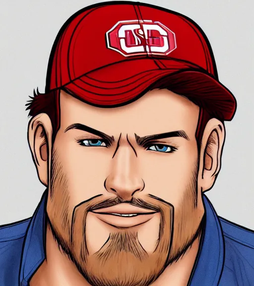 Prompt: tall white guy with a short blonde beard wearing an nc state red baseball cap and red shirt full color digital illustration in the style of don bluth, artgerm, artstation trending, 4 k