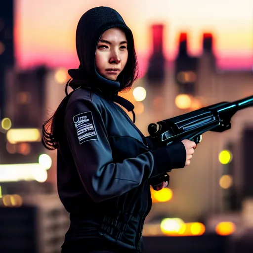 Image similar to photographic portrait of a techwear woman holding a shotgun, closeup, on the rooftop of a futuristic city at night, sigma 85mm f/1.4, 4k, depth of field, high resolution, 4k, 8k, hd, full color