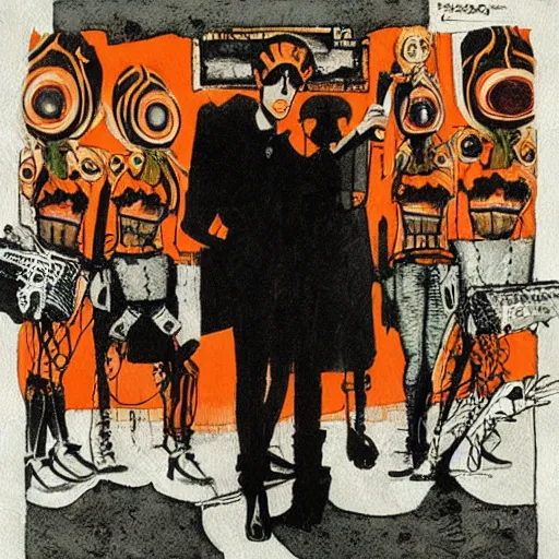 Image similar to post - punk cabaret album cover, black, white, orange, psychedelic, new age, magic, enki bilal