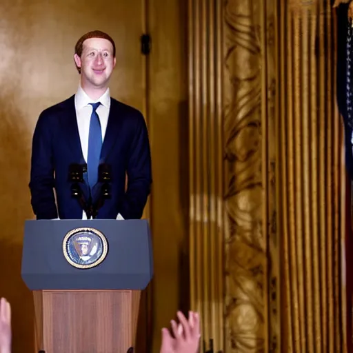 Image similar to mark zuckerberg as the president of the united states wearing a suit standing at the presidential podium