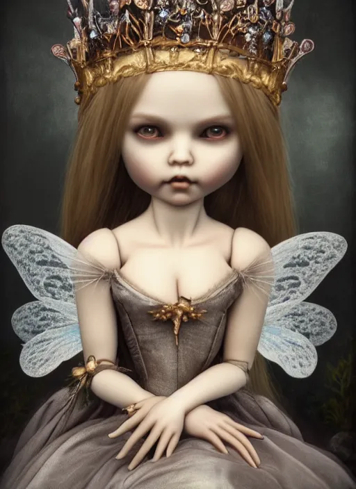 Image similar to highly detailed closeup, simple doll hands, portrait of a gothic fairy princess wearing a crown and sitting on a throne, unreal engine, nicoletta ceccoli, mark ryden, earl norem, lostfish, global illumination, god rays, detailed and intricate environment