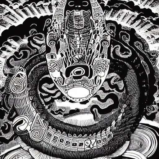 Prompt: b & w illustration of quetzalcoatl, resolved, showing conviction or bad humor by a gloomy silence or reserve, by studio multi and victo ngai, malika favre, punk fanzine copy, william s burroughs, cut up film