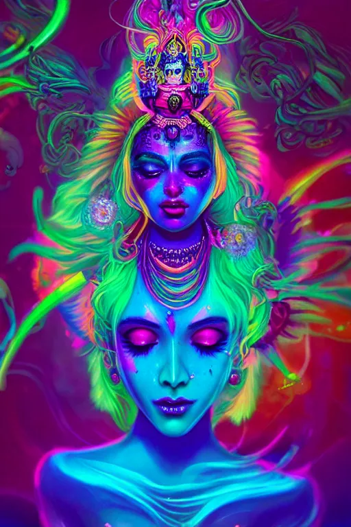 Image similar to a beautiful hindu goddess engulfed in colorful liquid smoke and neon clouds, a colorful psychedelic experience, dmt, lsd, face, highly detailed, artstation, concept art, matte, sharp focus, illustration, digital art by hana yata, and artem demura and beeple, octane render, unreal engine, 8 k