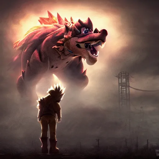 Image similar to gigantic bowser roaring into the sky, silent Hill, ruined kingdom, horror, cryengine