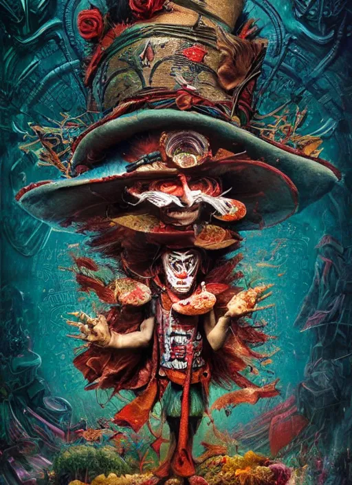 Image similar to mad hatter, aztec god, highly detailed, cinematic, 8 k, by megan duncanson, benjamin lacombe, adrian borda, stanley artgermm, tom bagshaw, craig mullins, carne griffiths, ayami kojima, beksinski, giger, trending on deviantart, hyper detailed, horror, full of colour