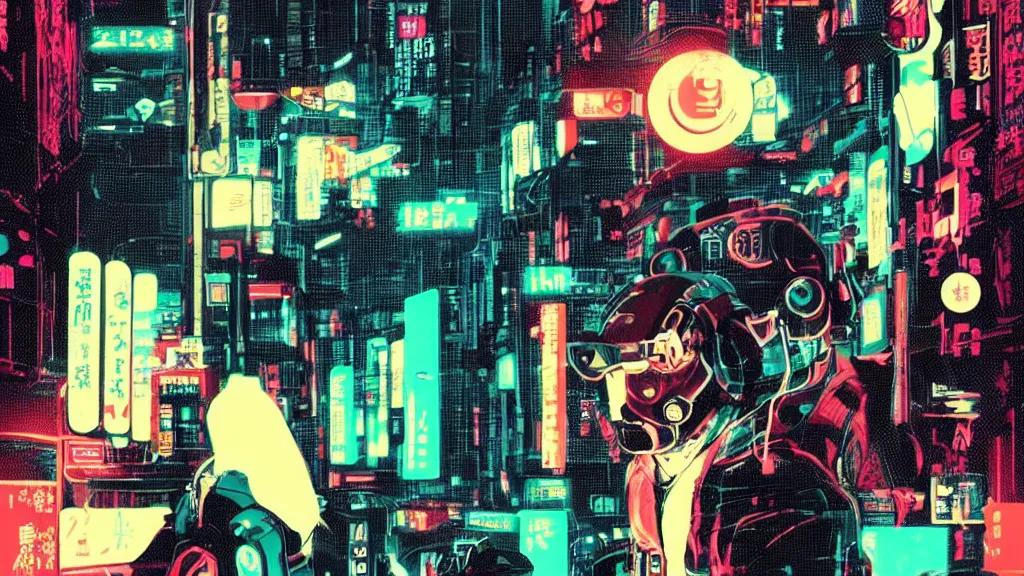 Image similar to dog futuristic japanese backlight cyberpunk by atey ghailan roy lichtenstein andy warhol ben - day dots, pop art, bladerunner, pixiv contest winner, cyberpunk style, cyberpunk color scheme, mechanical, high resolution, hd, intricate detail, fine detail, 4 k