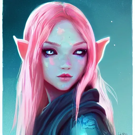 Prompt: girl elf portrait, elven warrior princess, head and shoulders, matte print, pastel pink, neon highlights, digital art, cute freckles, digital painting, fan art, elegant, pixiv, by Ilya Kuvshinov, daily deviation, IAMAG