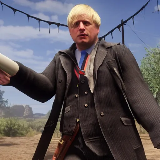 Image similar to Boris Johnson in the style of red dead redemption 2, gameplay footage