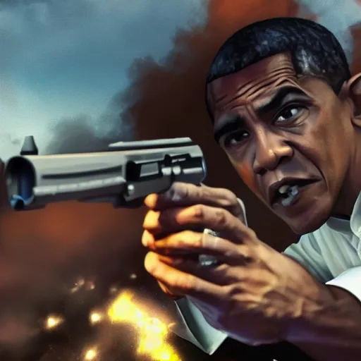 Image similar to angry barack obama shooting and terrorizing people in the hood, 8k resolution, full HD, cinematic lighting, award winning, anatomically correct